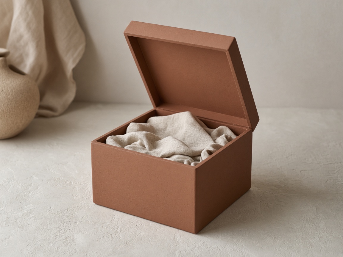 An open clay box lined with linen