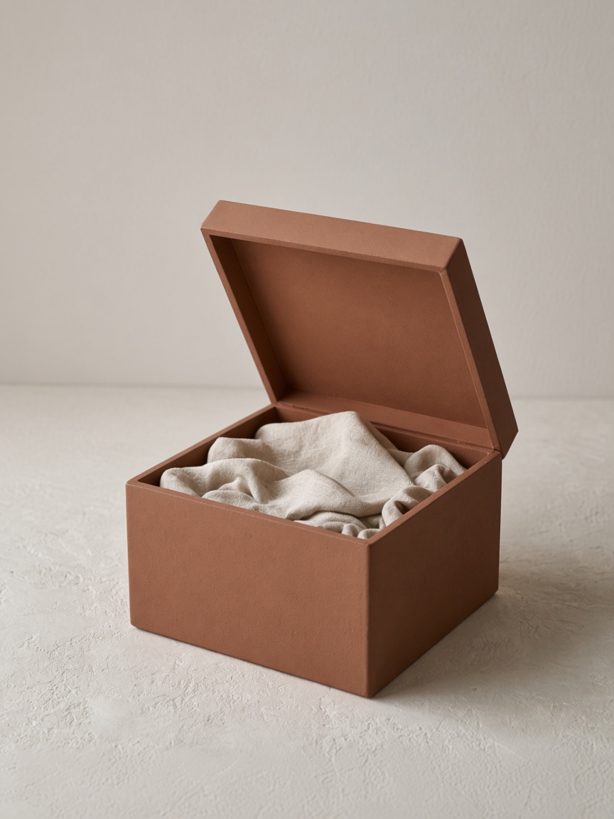 Open clay box lined with linen